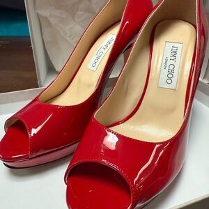 Jimmy Choo Red Luna Peep Toe Patent 39.5